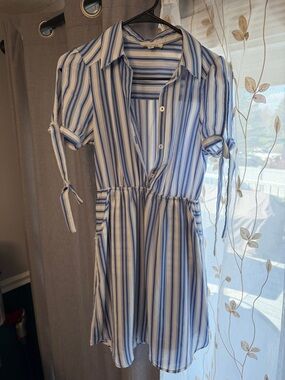 Blue and White Striped Collared Shirt Dress